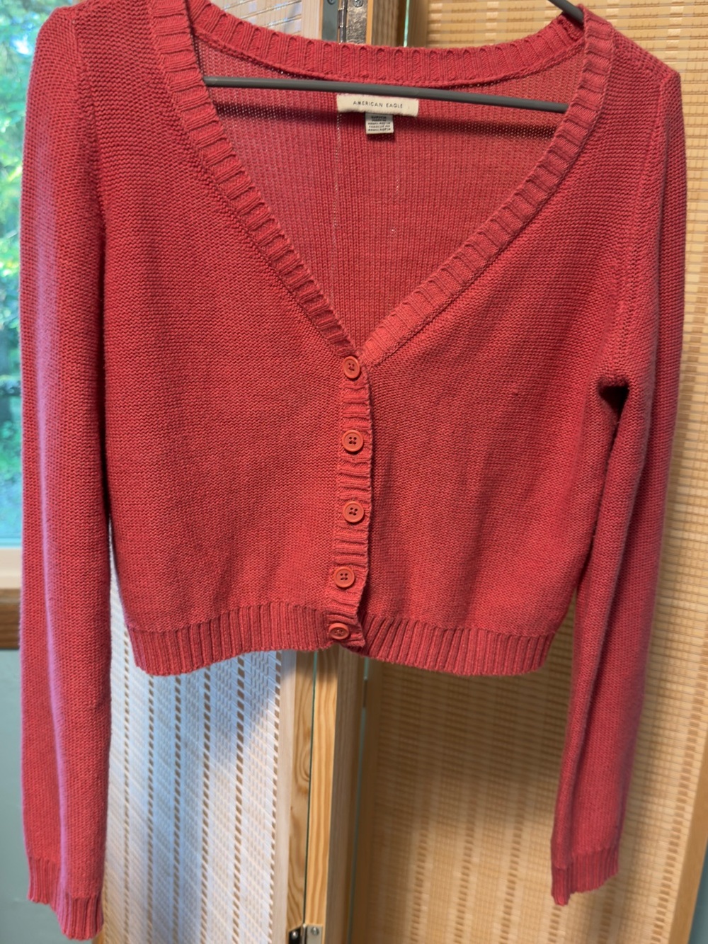 American Eagle Outfitters Coral Cropped V-Neck Button Cardigan
